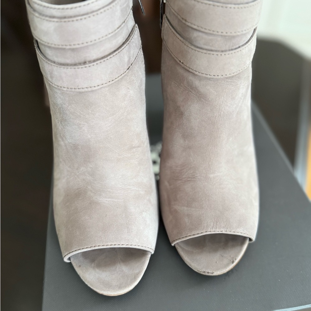 Gray suede Heeled Boots with Tassels, Peep-Toe Design w Heels by Vincent Camuto